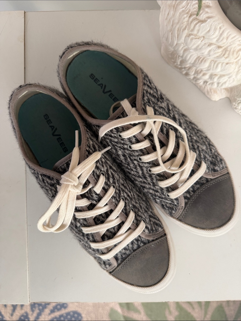 SeaVees Women's Gray Knit Low-Top Sneakers with Cream Laces